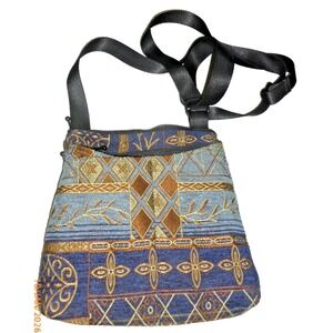 Wild West Tapestry Crossbody Bag Blue Gold Geometric Woven Travel Purse Vintage
